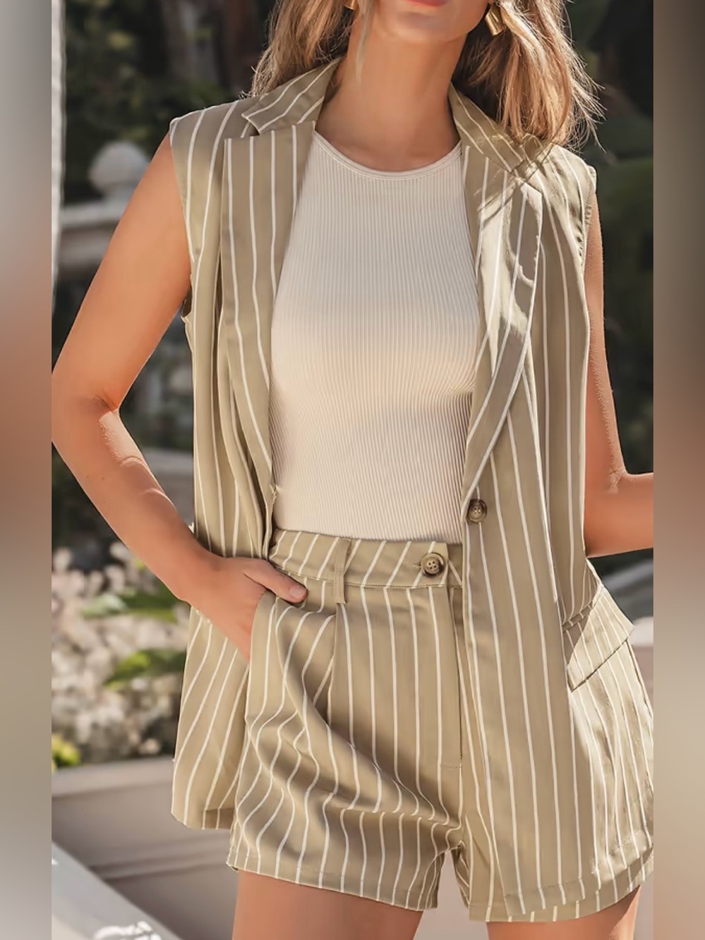 Cupshe Women Tan Striped Tan Sleeveless Blazer & High Rise Shorts Set NWOT Sz XL